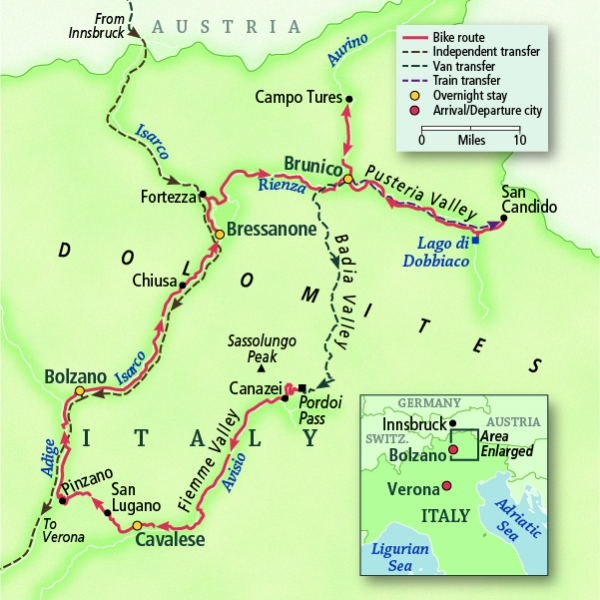 Itinerary map for Italy: The Dolomites, Bolzano to Ora Self-Guided Biking VBT tour