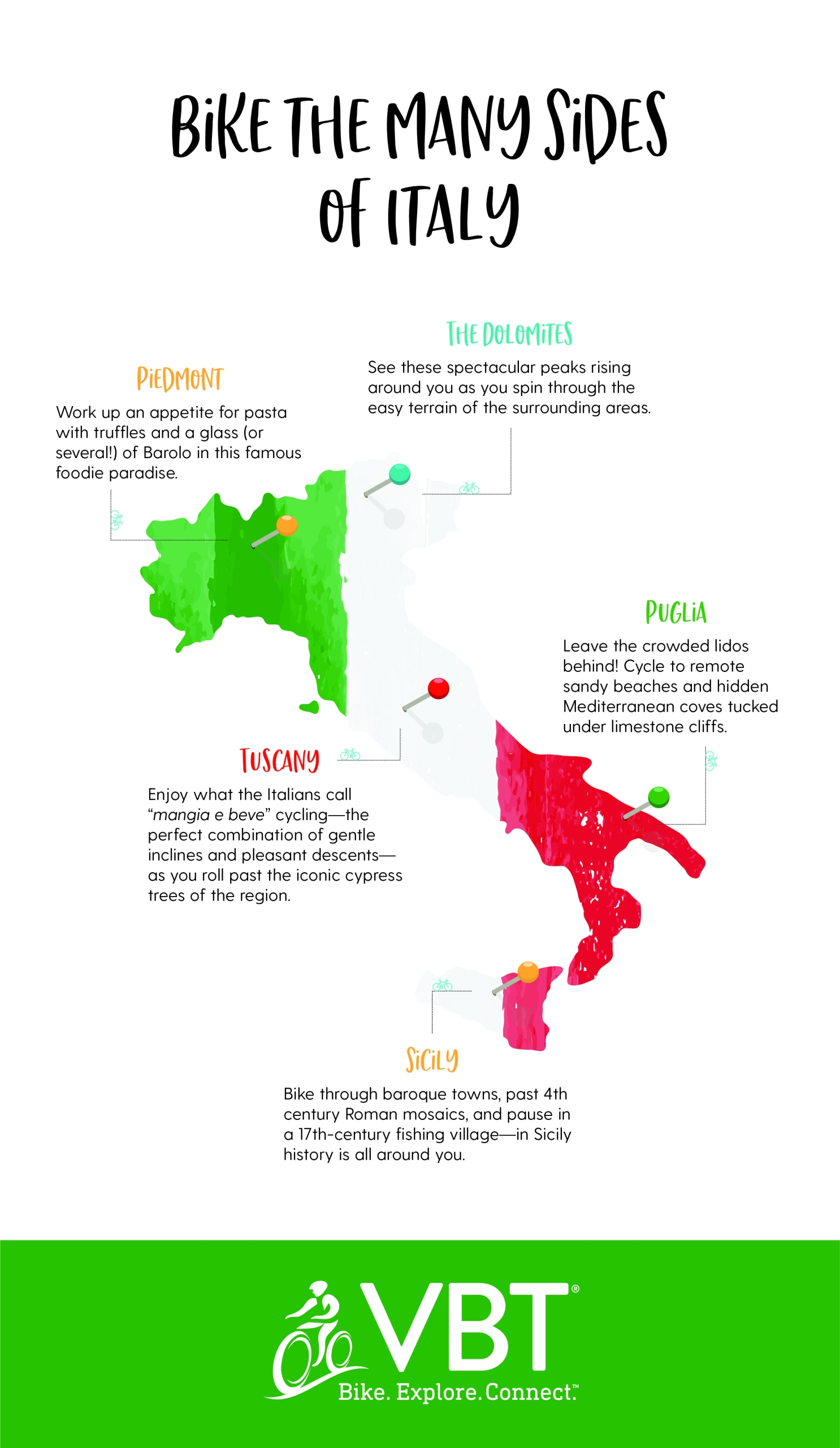 Italy map highlighting regions for biking